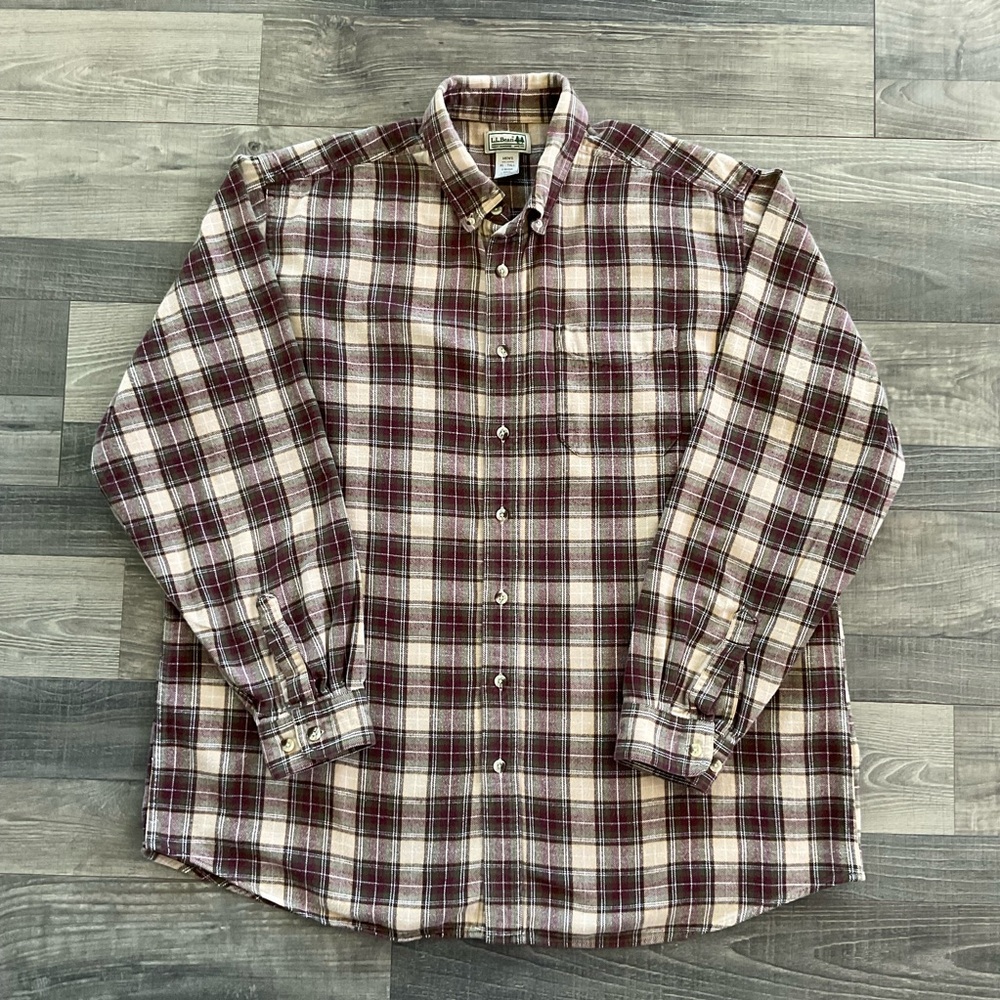 VTG LL Bean Scotch Flannel Shirt Men’s XL TALL Maroon Tan White Plaid 0 BHG6